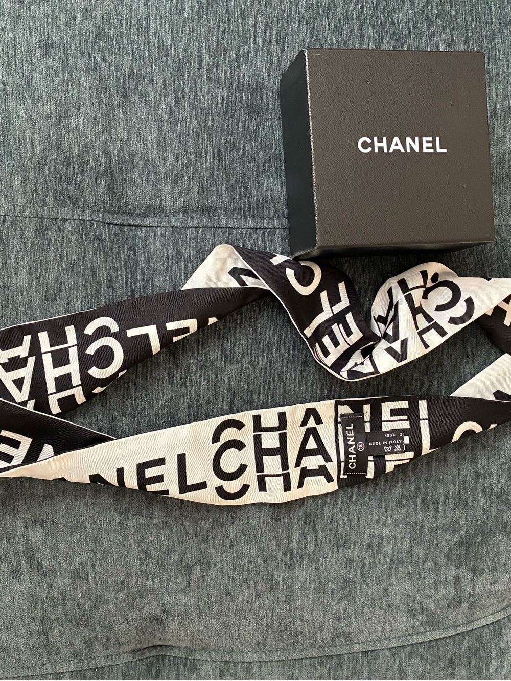 CHANEL Black and White Logo Silk Twilly Bandeau